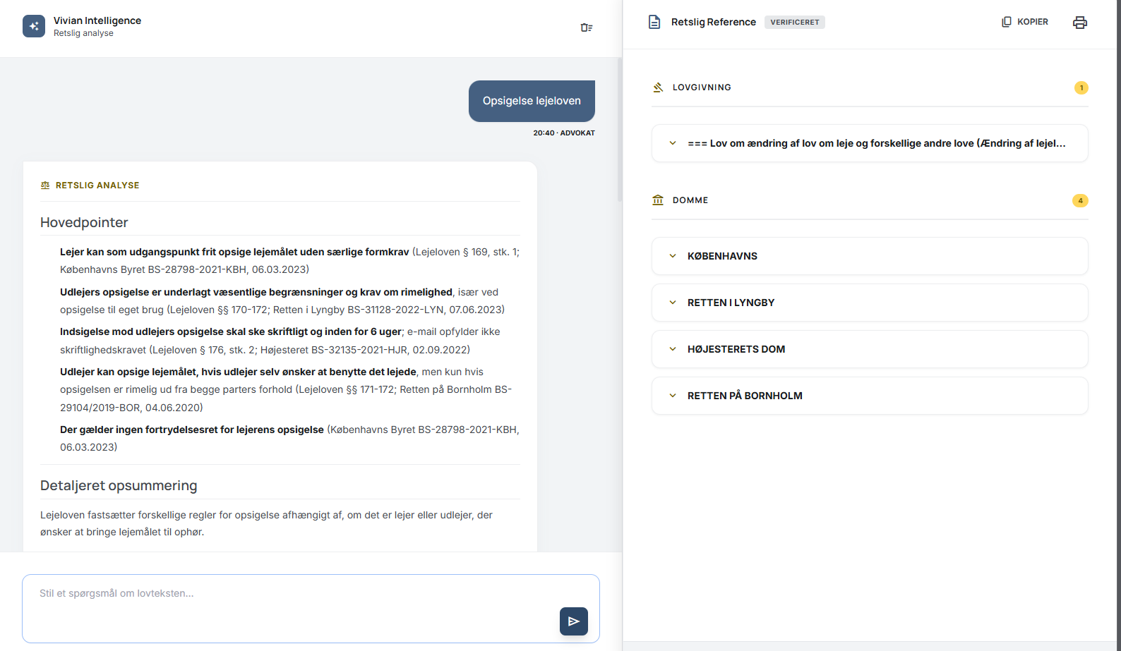 AI-chat med struktureret juridisk analyse, kildehenvisninger og ræsonneringstrin
